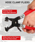 Hose Clamp Pliers for Automotive Use With Swivel Flat Band for Easy Removal and Precise Installation of Ring Type and Flat Type Hose Clamps and Spring Clamps Durable Carbon Steel Construction in hand view.