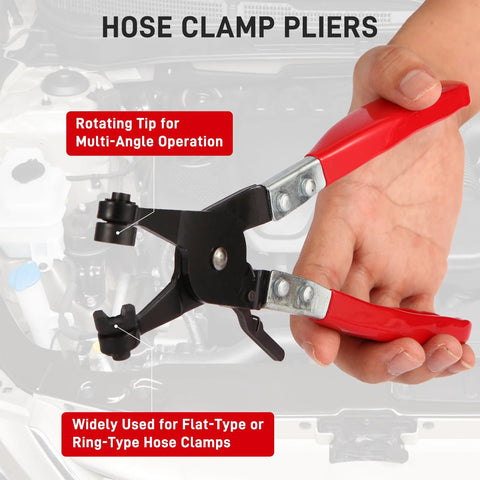 Hose Clamp Pliers for Automotive Use With Swivel Flat Band for Easy Removal and Precise Installation of Ring Type and Flat Type Hose Clamps and Spring Clamps Durable Carbon Steel Construction in hand view.