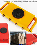 Heavy Duty Machinery Skates 12 Ton Roller Dollies 4 Pack Swivel Casters 360 Degree Rotation 26400 Lb Capacity with yellow and red design.