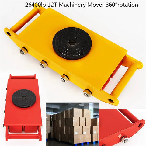 Heavy Duty Machinery Skates 12 Ton Roller Dollies 4 Pack Swivel Casters 360 Degree Rotation 26400 Lb Capacity with yellow and red design.