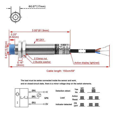 Diagram of M12 Capacitive Proximity Sensor Switch Non Shield Type LJC12A3-5-Z/AX with specifications and wiring details.
