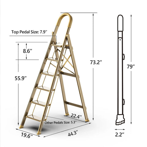 Six Step Folding Ladder For 12 Foot Ceilings Aluminum Stepladder With Gold Finish Portable Stool With Shelf EZ Fold And Store Ideal For Kitchen Bedroom Library Classroom And Even Doubles As Flower Stand, 73.2in tall