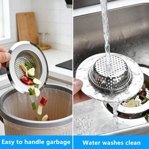 Set Of Two Sink Drain Strainers Keeping Your Pipes Free Of Nasty Gunk While Trapping Messy Hairballs So You Can Kick Clogs To The Curb Featuring A Deep Basket Fit For Bath Or Kitchen Basin, shown in use with vegetables.