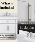 Brushed nickel knobs and handles on a modern 84 Inch Double Sink Bathroom Vanity In Crisp White Featuring Durable Quartz Top.