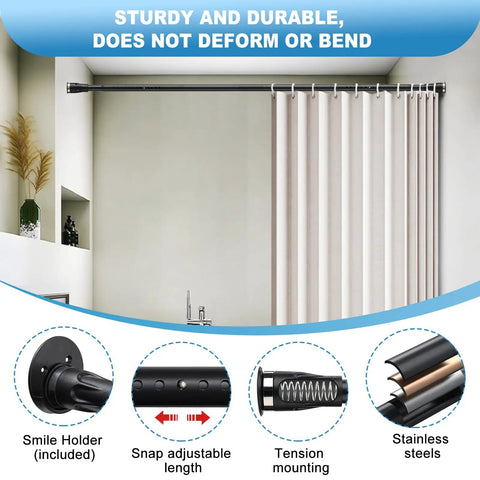 Heavy Duty Adjustable Tension Curtain Rod 42 To 115 Inches Black Shower Rod with anti-slip pads in bathroom setting