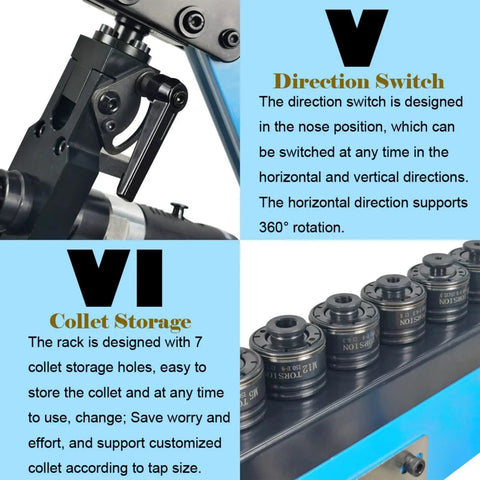Close-up of Universal 360 Degree Pneumatic Tapping Machine with flexible arm, showing direction switch and collet storage.