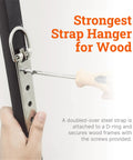 Beefy Heavy Duty D Ring Picture Hangers 2 Pack With Screws 200 Lb Capacity steel strap mounted on wood with screwdriver