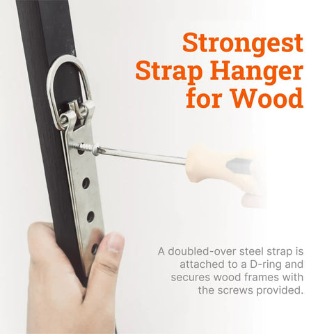 Beefy Heavy Duty D Ring Picture Hangers 2 Pack With Screws 200 Lb Capacity steel strap mounted on wood with screwdriver