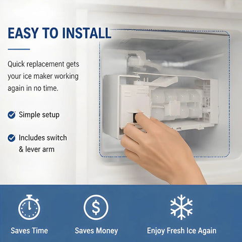 Refrigerator Ice Maker Assembly Replacement Part With High Efficiency Ice Making Tech Easy 10 Minute Install No Tools Needed Durable Plastic Construction, white unit