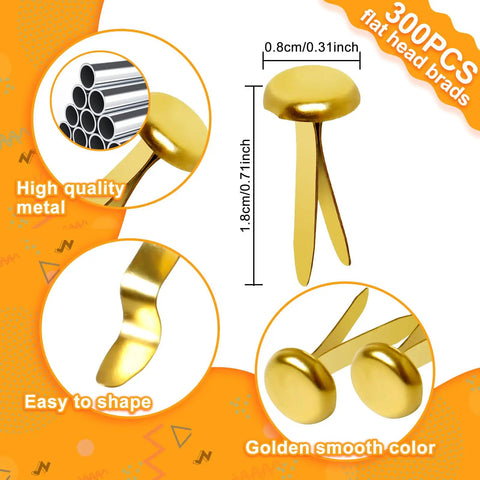 High Quality Brass Paper Fasteners 3/4 Inch Round Metal Brads Ensure Smooth Sailing Through Your Diy Scrapbooking Cards And Art Projects 300 Count Pack Of Robust Craft Supplies That Bring A Pro Vibe To Every Piece: close-up of flat head brads with dimensions.