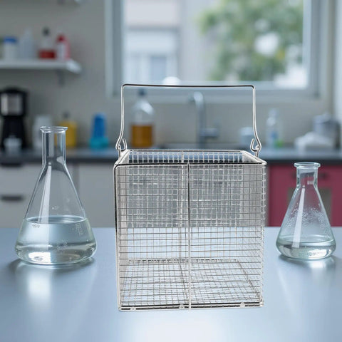 Stainless Steel Ultrasonic Cleaning Basket With Swinging Handle For Small Parts Dip And Drain Design High Temperature Resistant Parts Basket For Equipment And Precision Tools Easy Batch Handling, lab size