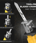 Cordless reciprocating saw in yellow and black; four-blade kit for wood, metal, PVC