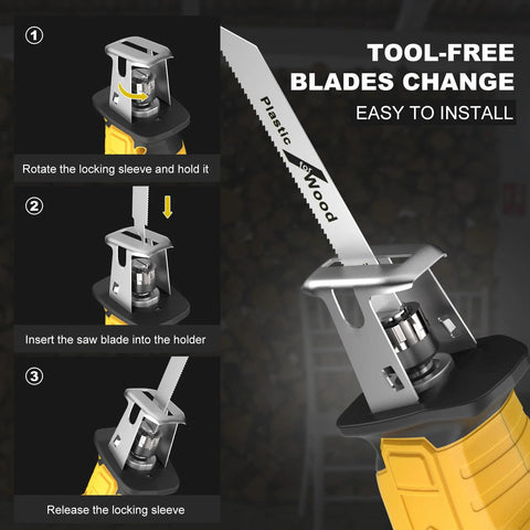 Cordless reciprocating saw in yellow and black; four-blade kit for wood, metal, PVC
