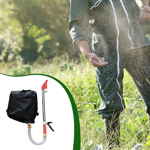 Backpack Spreader Manual Sprayer With Large Fertilizer Bag For Easy Fertilizing Of Corn Fruit Trees And Vegetables in use outdoors