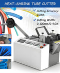 Automatic Microcomputer Heat Shrink Tube Cutter Machine Offering 0.1 Mm Precision Pipe Cutting With Fully Automated 500 Watt Technology For Efficient And Accurate Shrink Sleeve Processing In Compact Design, showing LCD screen and various tubing.