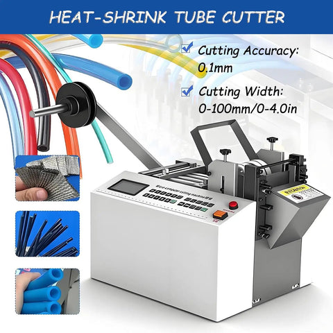 Automatic Microcomputer Heat Shrink Tube Cutter Machine Offering 0.1 Mm Precision Pipe Cutting With Fully Automated 500 Watt Technology For Efficient And Accurate Shrink Sleeve Processing In Compact Design, showing LCD screen and various tubing.