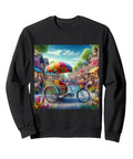 Heavyweight Cotton Blend Sweatshirt Featuring Retro Pedicab And Cycle Rickshaw Artwork with colorful graphic design.