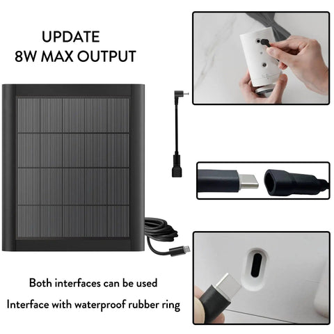 8W Solar Panel Charger For Outdoor Security Cameras With 10ft USB C Cable, Quick Charge For Stick Up Cam Pro, product interfaces visible.