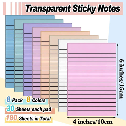 8 Pack Colored Transparent Sticky Notes with Lined Translucent Sheets 4x6 Inches in six colors and sizes displayed vertically.