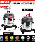 Heavy Duty Five Gallon Wet And Dry Shop Vacuum With Sleek Stainless Tank And Whisper Quiet Four Point Five Peak Horsepower Motor, front and back view.