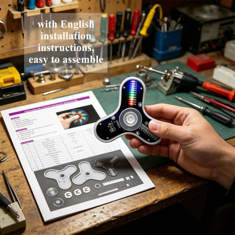 Hand holding assembled Beginner-Friendly Soldering Practice Kit With 3 Leaves Fidget Spinner Project LED Flasher Light DIY Electronics Board STEM Soldering Kit For Hobbyists Engineers And Students over instruction manual on workbench.