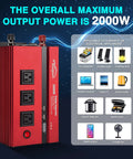 2000W Car Power Inverter 12V To 110V AC Converter With 4000 Watt Surge, red unit with three AC outlets and USB ports.