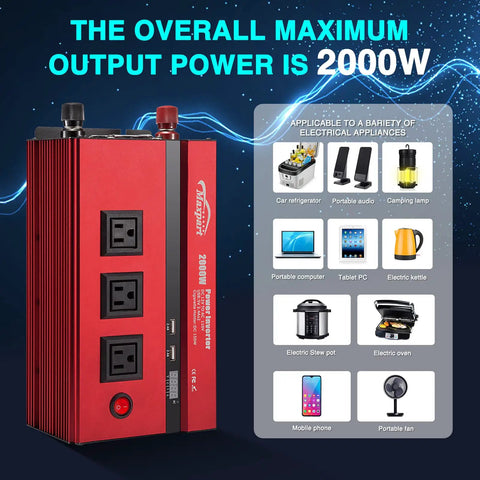 2000W Car Power Inverter 12V To 110V AC Converter With 4000 Watt Surge, red unit with three AC outlets and USB ports.