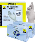 SafSkin nitrile exam gloves, large, 400-count boxes, disposable powder-free, blue and yellow packaging