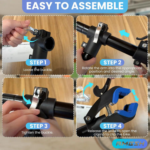 Steps to assemble the Curved Wall Mount Bike Repair Stand With Adjustable Clamp, showing clamp tightening and lever adjustments.