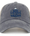 Front view of a breathable Mens trucker cap and tennis style dad hat for everyday wear, featuring 'No Crying on the Yacht' text.