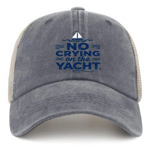 Front view of a breathable Mens trucker cap and tennis style dad hat for everyday wear, featuring 'No Crying on the Yacht' text.