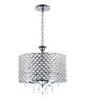 Briolette 16 Inch Four Light Crystal Chandelier with round beaded drum shade in chrome, adjustable height pendant lighting.