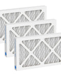 Three Pack 5 Micron Outer Air Filter Replacements For Your Workshop And Garage System That Snap In Smoothly Compatible With WEN 3410 POWERTEC AF4000 AF4001 Shop Fox W1830 Grizzly G0738 Air Filtration, showing three white rectangular filters with grid pattern.