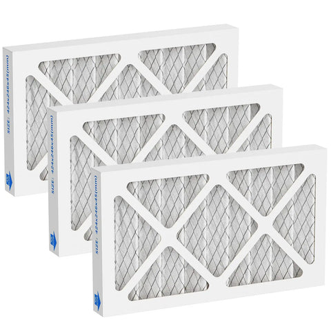 Three Pack 5 Micron Outer Air Filter Replacements For Your Workshop And Garage System That Snap In Smoothly Compatible With WEN 3410 POWERTEC AF4000 AF4001 Shop Fox W1830 Grizzly G0738 Air Filtration, showing three white rectangular filters with grid pattern.