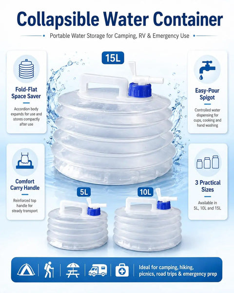 Collapsible Water Container With Spigot For Camping And Travel features 15L, 10L, 5L sizes with easy-pour handle and fold-flat design.