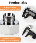 Heavy Duty Water Line Adapter Workhorse 1/2 Inch Female To 3/8 Inch Male Brass Fitting dimensions displayed with calipers.