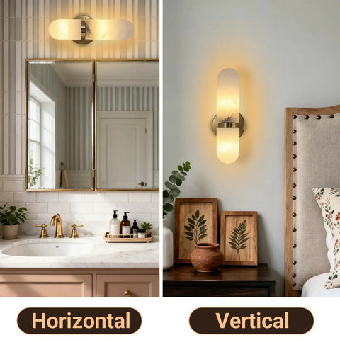 Golbasdena 13in Alabaster Wall Sconces, Gold Wall Lights Bulb Included, displayed in horizontal and vertical orientations.