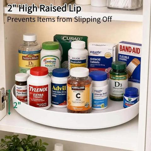 11.8 Inch Lazy Susan For Refrigerator And Pantry, Round Kitchen Turntable Spice Rack Organizer With Heavy Duty Swivel Base displaying medications and vitamins.
