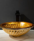 Bathroom Vessel Sink Vanity Tempered Glass Vessel Bowl Sink Round Countertop Sink Bowl Above Counter Sink Art Basin With Waterfall Faucet Pop Up Drain - gold faceted bowl with black faucet