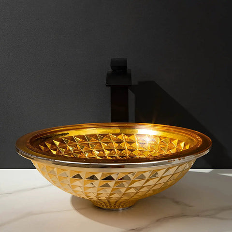 Bathroom Vessel Sink Vanity Tempered Glass Vessel Bowl Sink Round Countertop Sink Bowl Above Counter Sink Art Basin With Waterfall Faucet Pop Up Drain - gold faceted bowl with black faucet