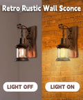 Industrial Farmhouse Wall Sconce With Rustic Wood Base And Glass Lantern Shade, Vintage Country Vibe, light off and on view