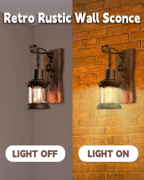 Industrial Farmhouse Wall Sconce With Rustic Wood Base And Glass Lantern Shade, Vintage Country Vibe, light off and on view