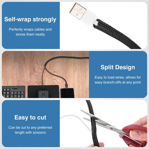 10ft Braided Cable Sleeve for DIY Cable Management One Quarter Inch Diameter Split Self Wrapping Wire Loom in use, cutting example