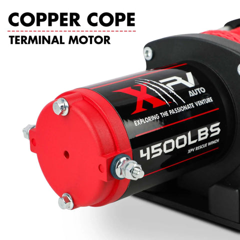 Close-up of red copper motor on Beefy 12V 4500 Lb Electric Winch For ATV And UTV Off Road Adventures with black casing and bolts.