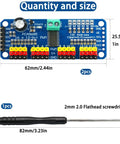 2-Pack PCA9685 16-Channel PWM Servo Driver Module for Arduino Robots, I2C Control, size dimensions, and included screwdriver