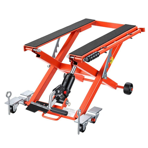 Hydraulic Motorcycle Lift Jack 1100 Lbs Capacity, Portable Scissor Lift Stand With Six Wheels, Foot Operated Hoist For Dirt Bikes, Adjustable Height From 4.72 To 15.15 Inches, Easy Use And Maintenance