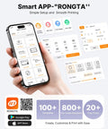 Smart app interface for wireless Bluetooth thermal shipping label printer showing template selection and design features.