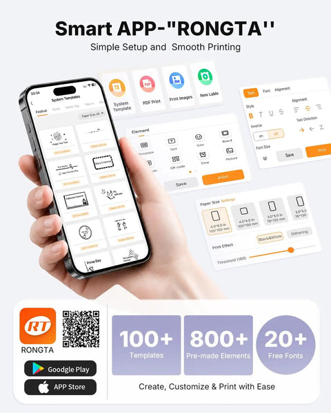 Smart app interface for wireless Bluetooth thermal shipping label printer showing template selection and design features.