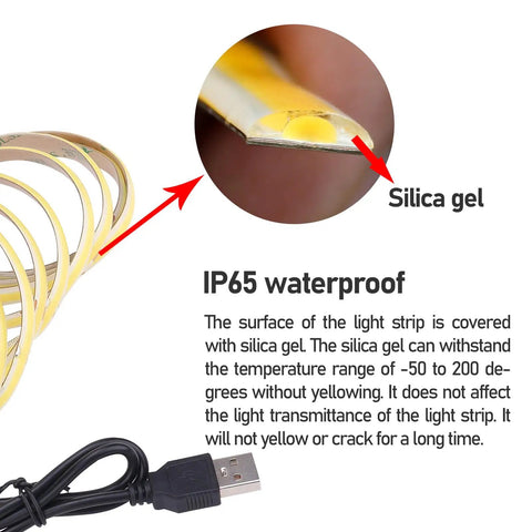 Close-up of 5V USB COB LED Strip Light with 640 LEDs emphasizing IP65 waterproof silica gel coating and USB connection.