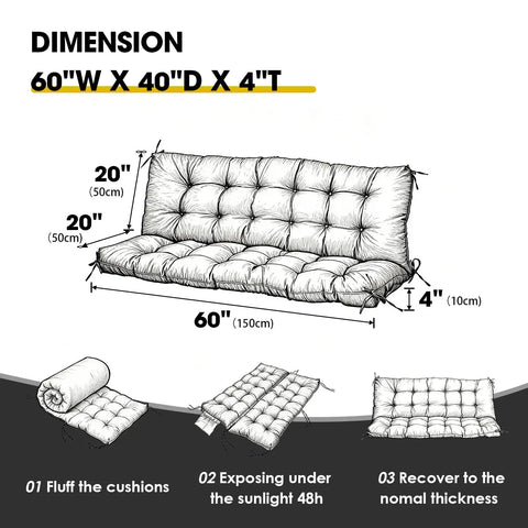 Thick Waterproof Porch Swing Cushion For Outdoor Two To Three Seater With Ties Cozy Replacement Bench Pad 60 By 40 Inches Dark Green Upgraded Memory Foam Blend For Patio Backyard And Garden, with detailed dimensions and installation steps.